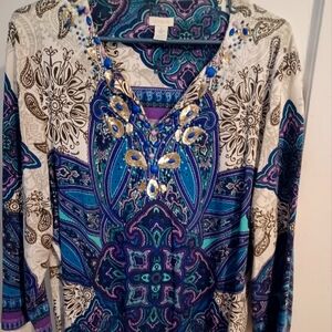 Chicos Embellished paisley 3/4 sleeve.top